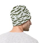 Green And White Tiger Stripe Camo Print Beanie