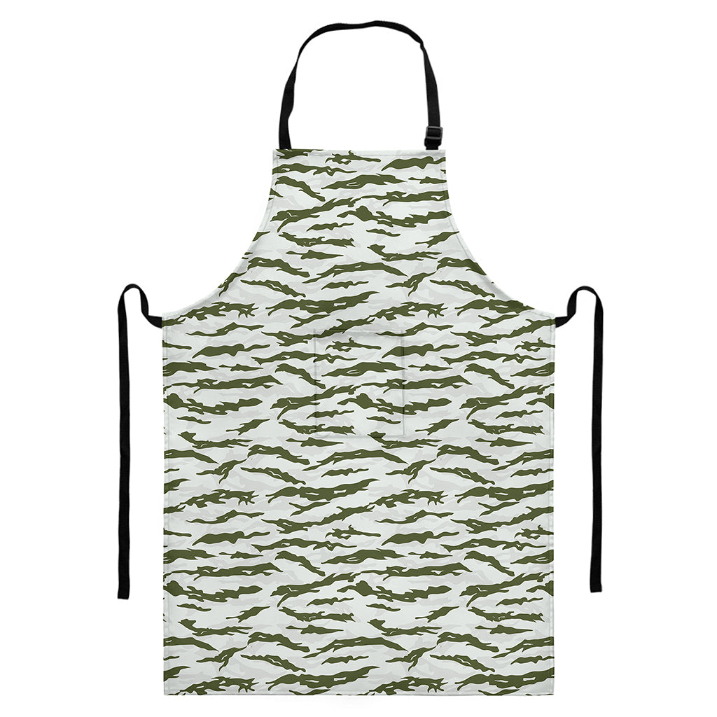 Green And White Tiger Stripe Camo Print Bib Apron With Pocket