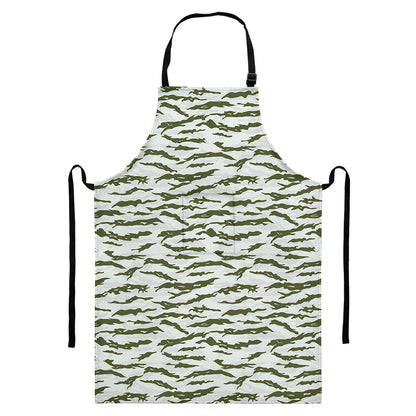 Green And White Tiger Stripe Camo Print Bib Apron With Pocket