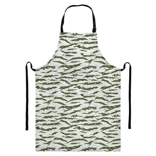 Green And White Tiger Stripe Camo Print Bib Apron With Pocket