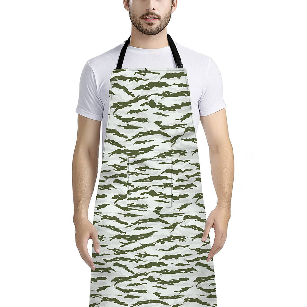 Green And White Tiger Stripe Camo Print Bib Apron With Pocket