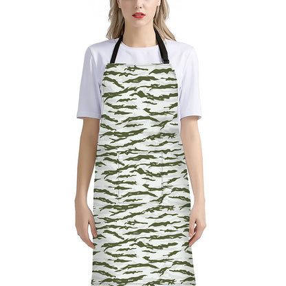Green And White Tiger Stripe Camo Print Bib Apron With Pocket