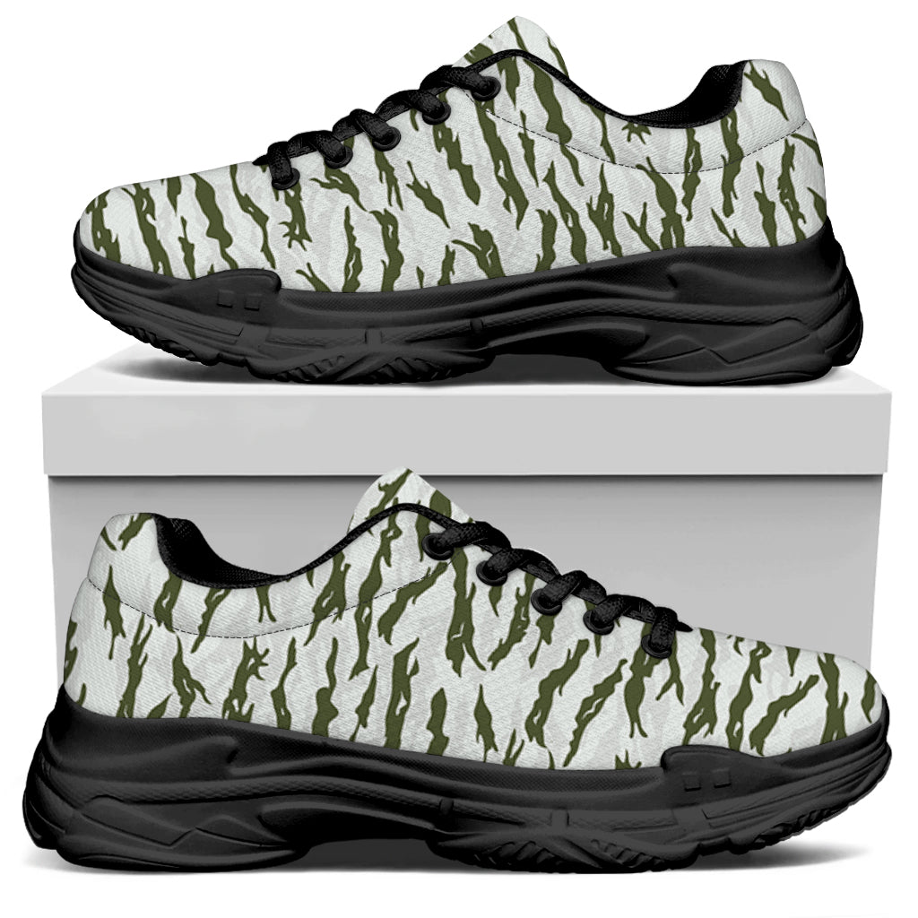 Green And White Tiger Stripe Camo Print Black Chunky Shoes
