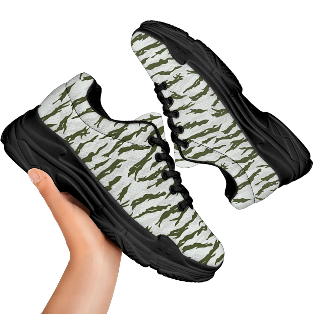 Green And White Tiger Stripe Camo Print Black Chunky Shoes