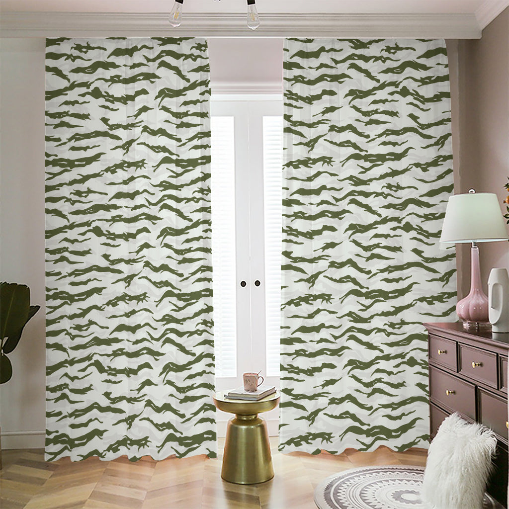 Green And White Tiger Stripe Camo Print Blackout Pencil Pleat Curtains