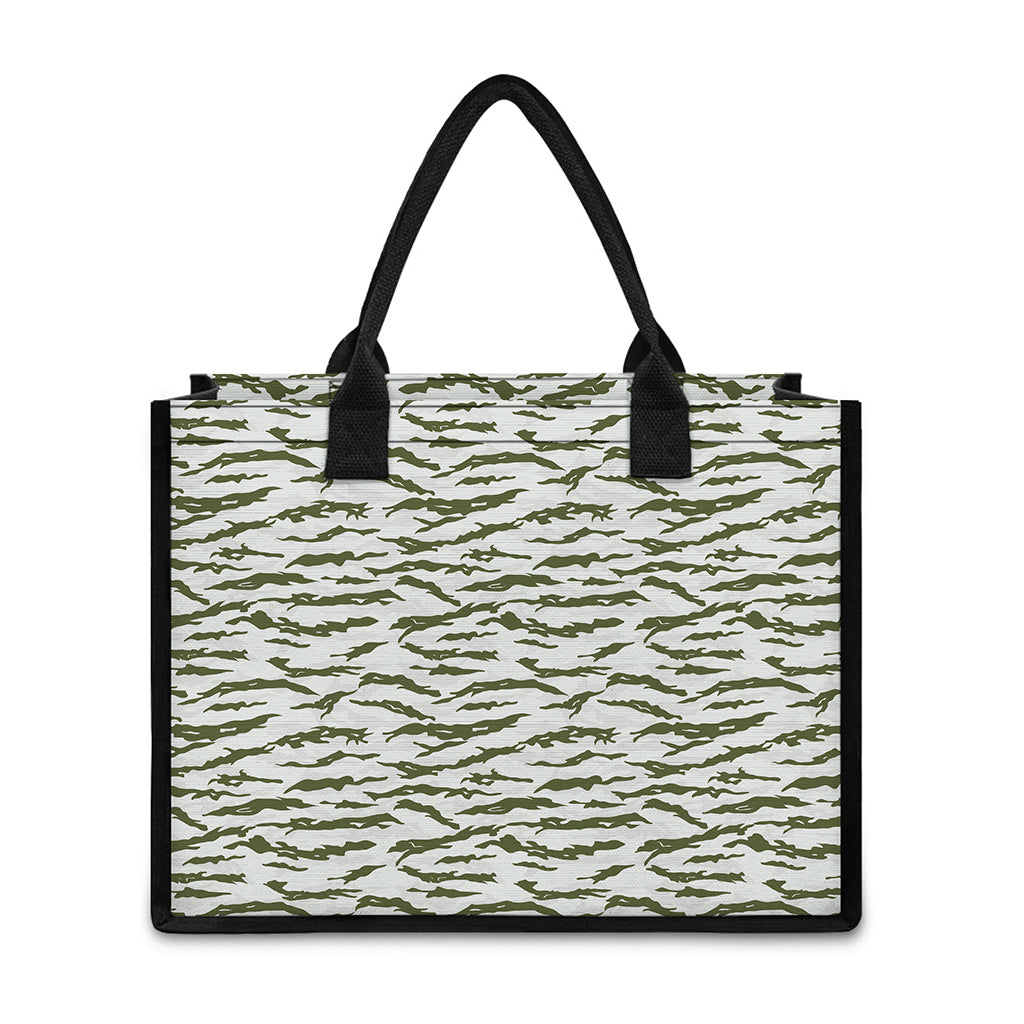 Green And White Tiger Stripe Camo Print Canvas Tote Bag