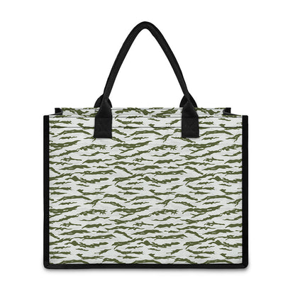 Green And White Tiger Stripe Camo Print Canvas Tote Bag