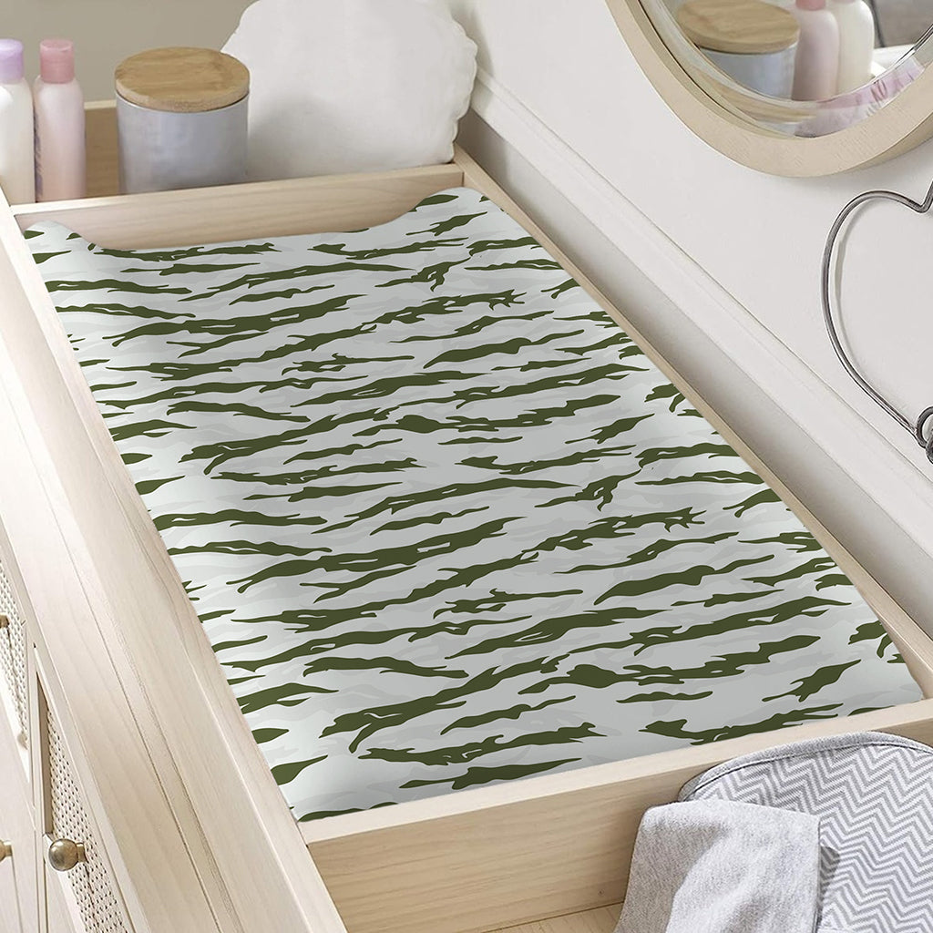 Green And White Tiger Stripe Camo Print Changing Pad Cover