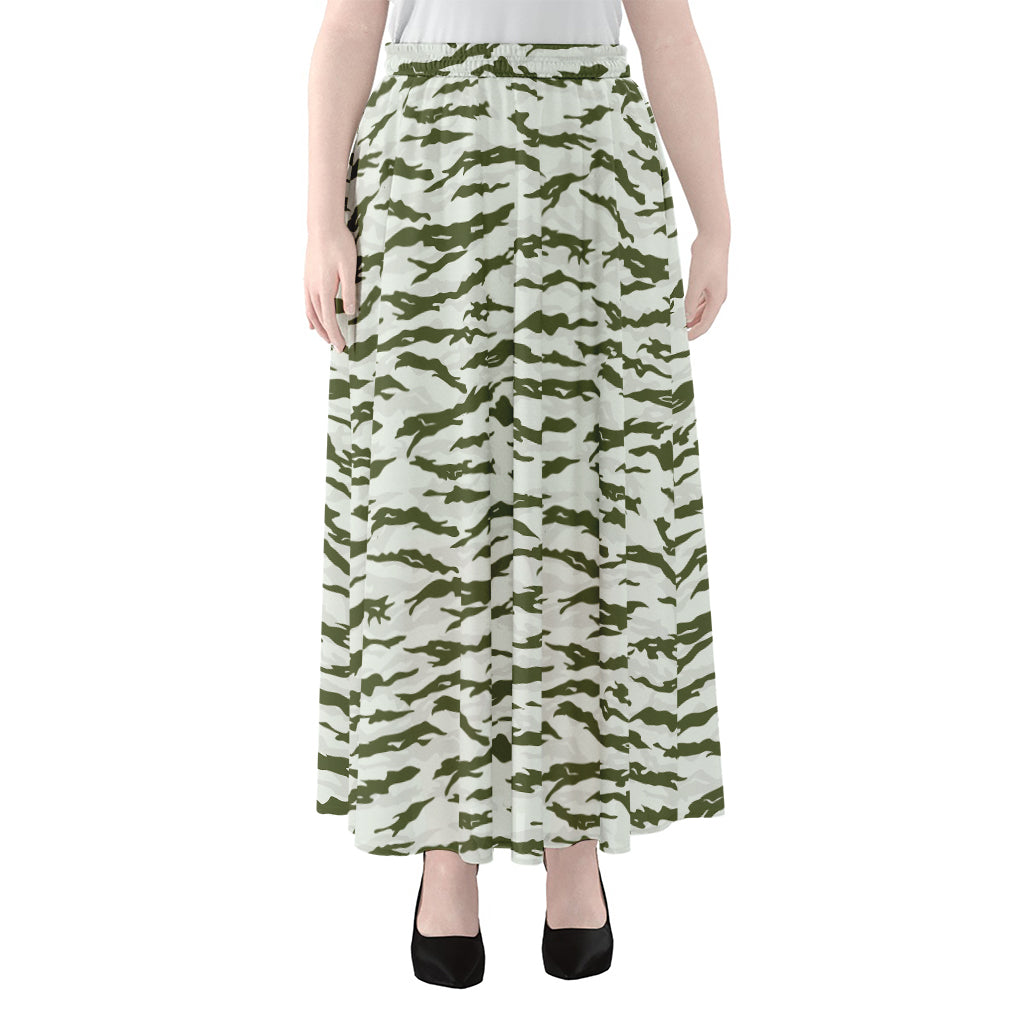 Green And White Tiger Stripe Camo Print Chiffon Maxi Skirt