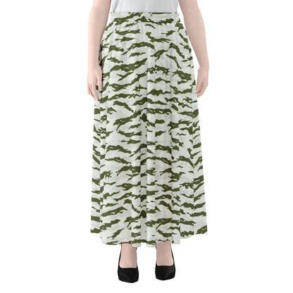 Green And White Tiger Stripe Camo Print Chiffon Maxi Skirt
