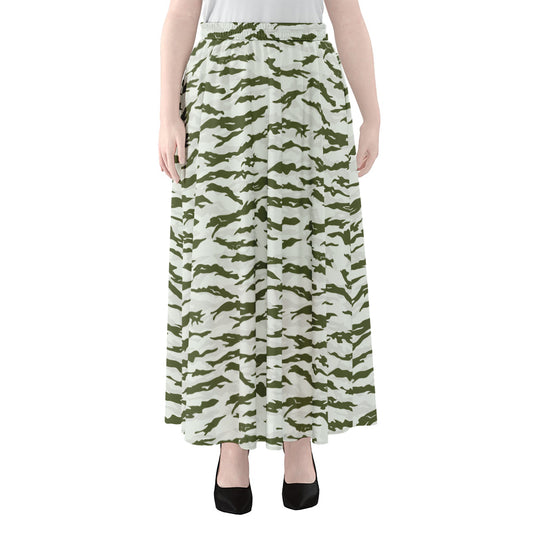 Green And White Tiger Stripe Camo Print Chiffon Maxi Skirt