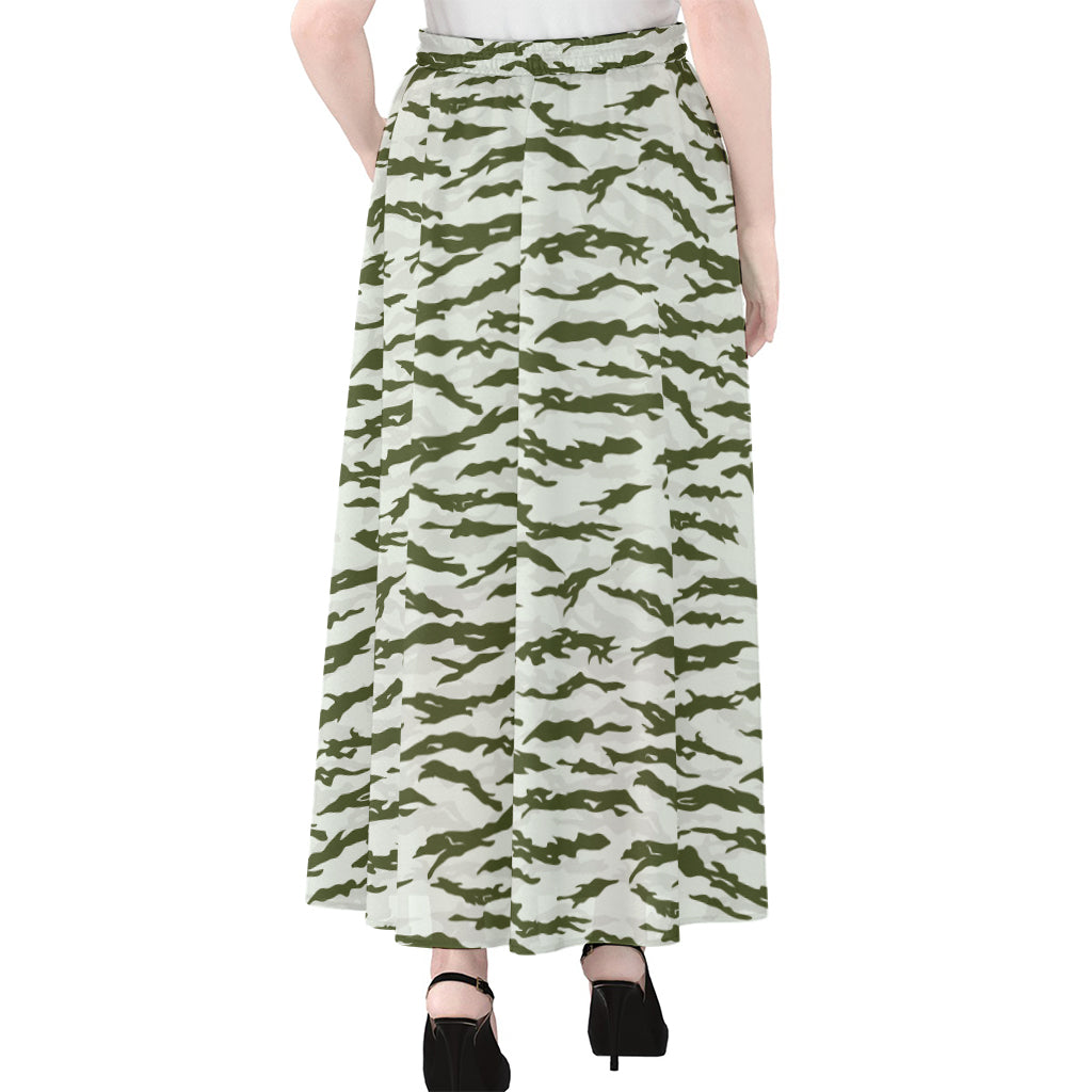 Green And White Tiger Stripe Camo Print Chiffon Maxi Skirt