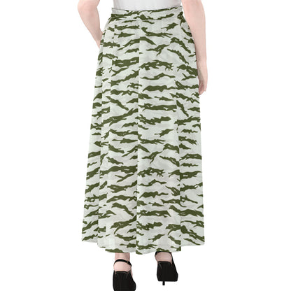 Green And White Tiger Stripe Camo Print Chiffon Maxi Skirt