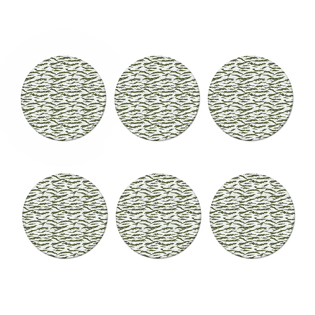 Green And White Tiger Stripe Camo Print Coaster Set