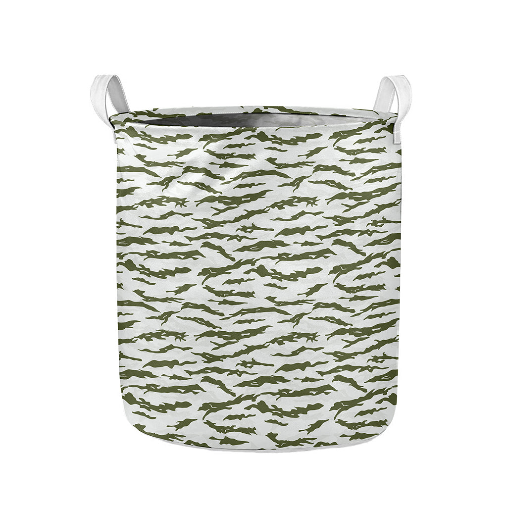 Green And White Tiger Stripe Camo Print Collapsible Laundry Basket