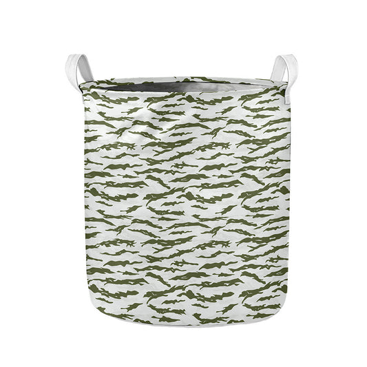 Green And White Tiger Stripe Camo Print Collapsible Laundry Basket