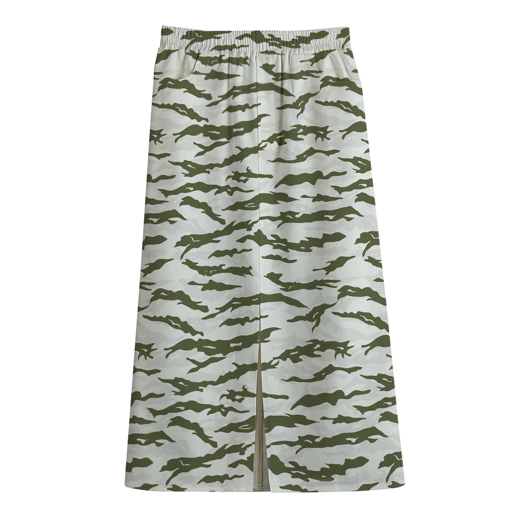Green And White Tiger Stripe Camo Print Cotton Front Slit Maxi Skirt