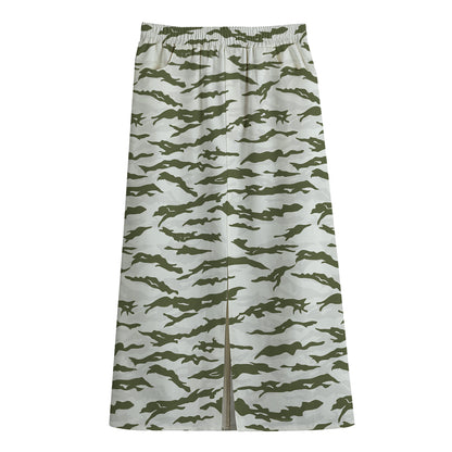 Green And White Tiger Stripe Camo Print Cotton Front Slit Maxi Skirt