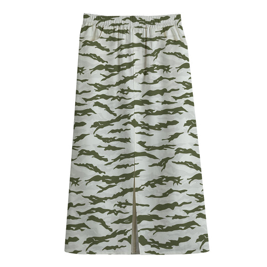 Green And White Tiger Stripe Camo Print Cotton Front Slit Maxi Skirt