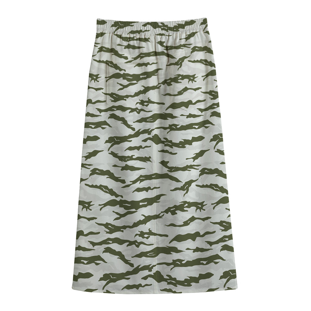 Green And White Tiger Stripe Camo Print Cotton Front Slit Maxi Skirt