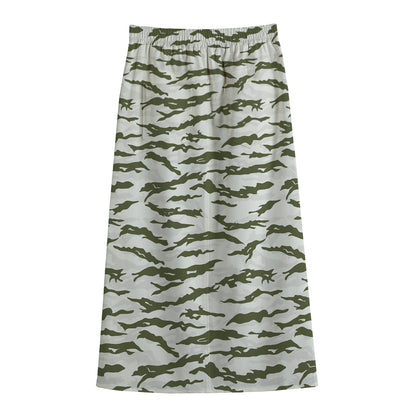 Green And White Tiger Stripe Camo Print Cotton Front Slit Maxi Skirt