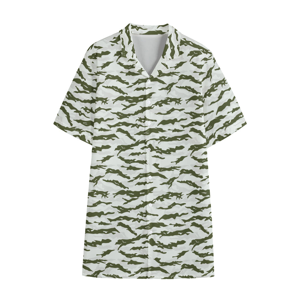 Green And White Tiger Stripe Camo Print Cotton Hawaiian Shirt