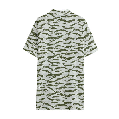 Green And White Tiger Stripe Camo Print Cotton Hawaiian Shirt