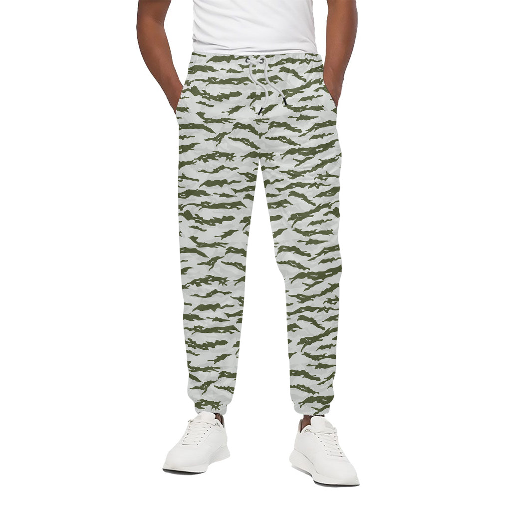Green And White Tiger Stripe Camo Print Cotton Pants