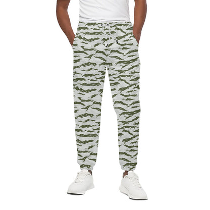 Green And White Tiger Stripe Camo Print Cotton Pants