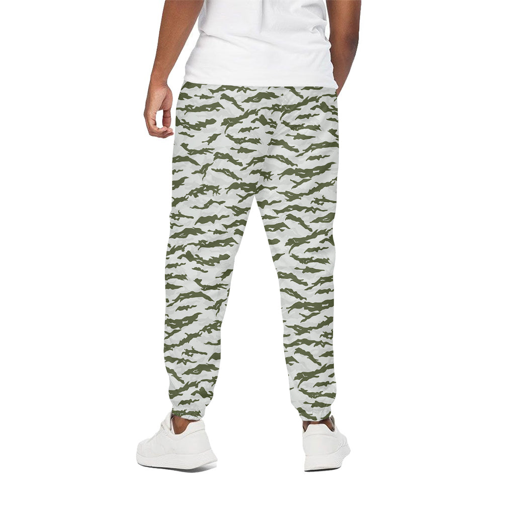 Green And White Tiger Stripe Camo Print Cotton Pants