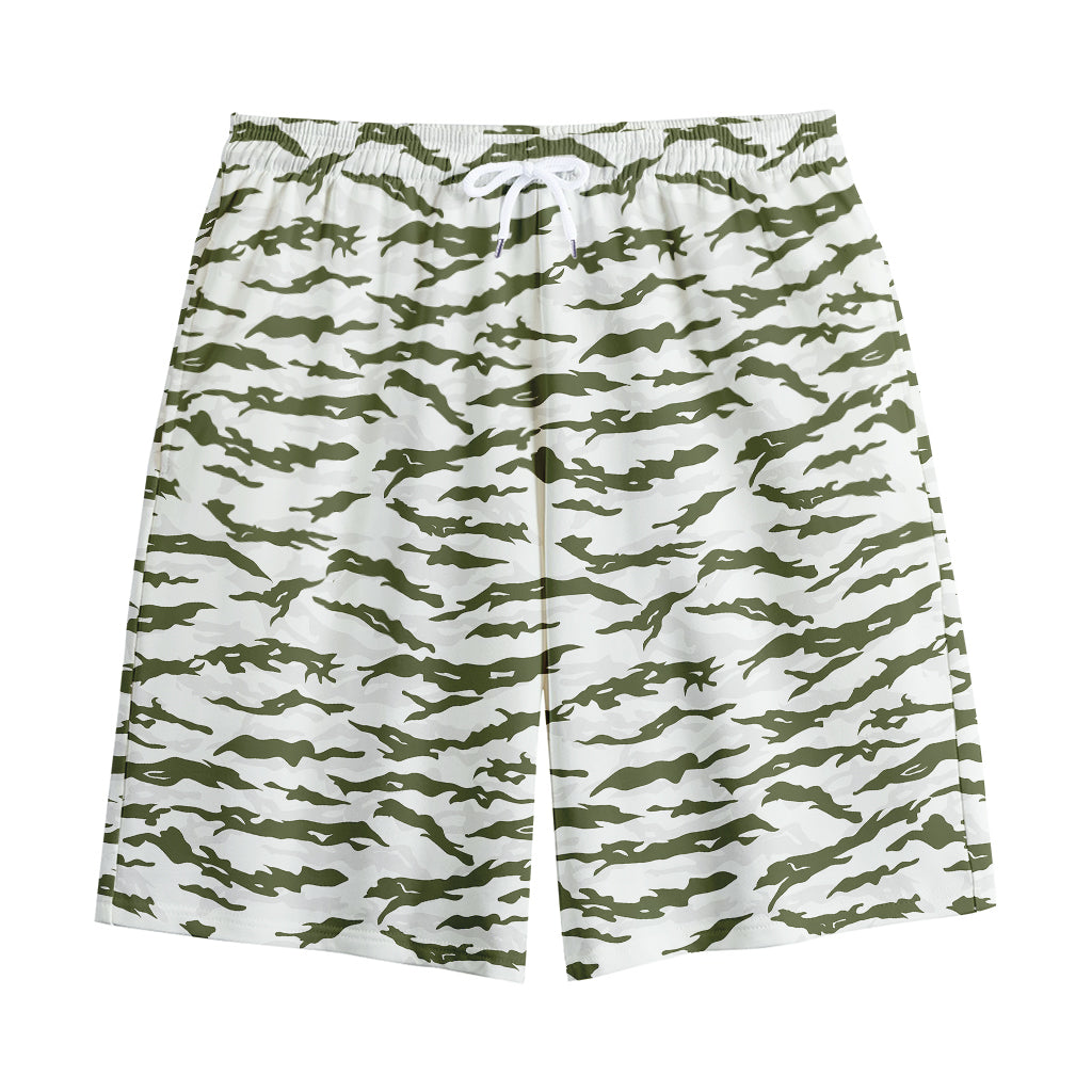 Green And White Tiger Stripe Camo Print Cotton Shorts