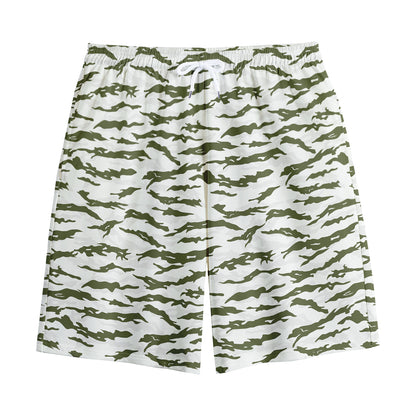 Green And White Tiger Stripe Camo Print Cotton Shorts