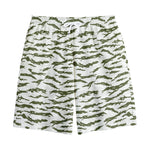 Green And White Tiger Stripe Camo Print Cotton Shorts