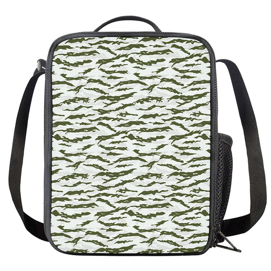 Green And White Tiger Stripe Camo Print Crossbody Lunch Bag