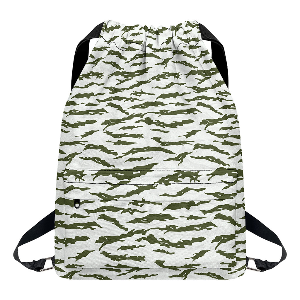 Green And White Tiger Stripe Camo Print Drawstring Backpack