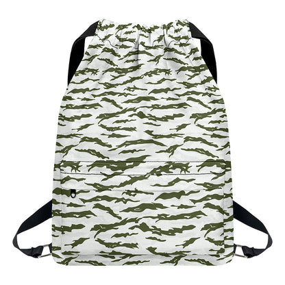 Green And White Tiger Stripe Camo Print Drawstring Backpack