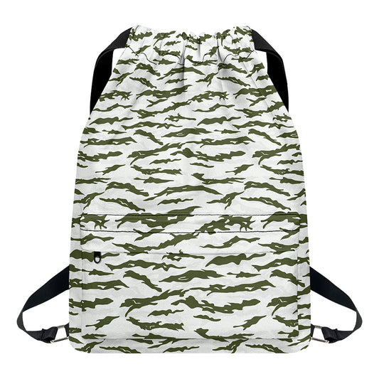 Green And White Tiger Stripe Camo Print Drawstring Backpack