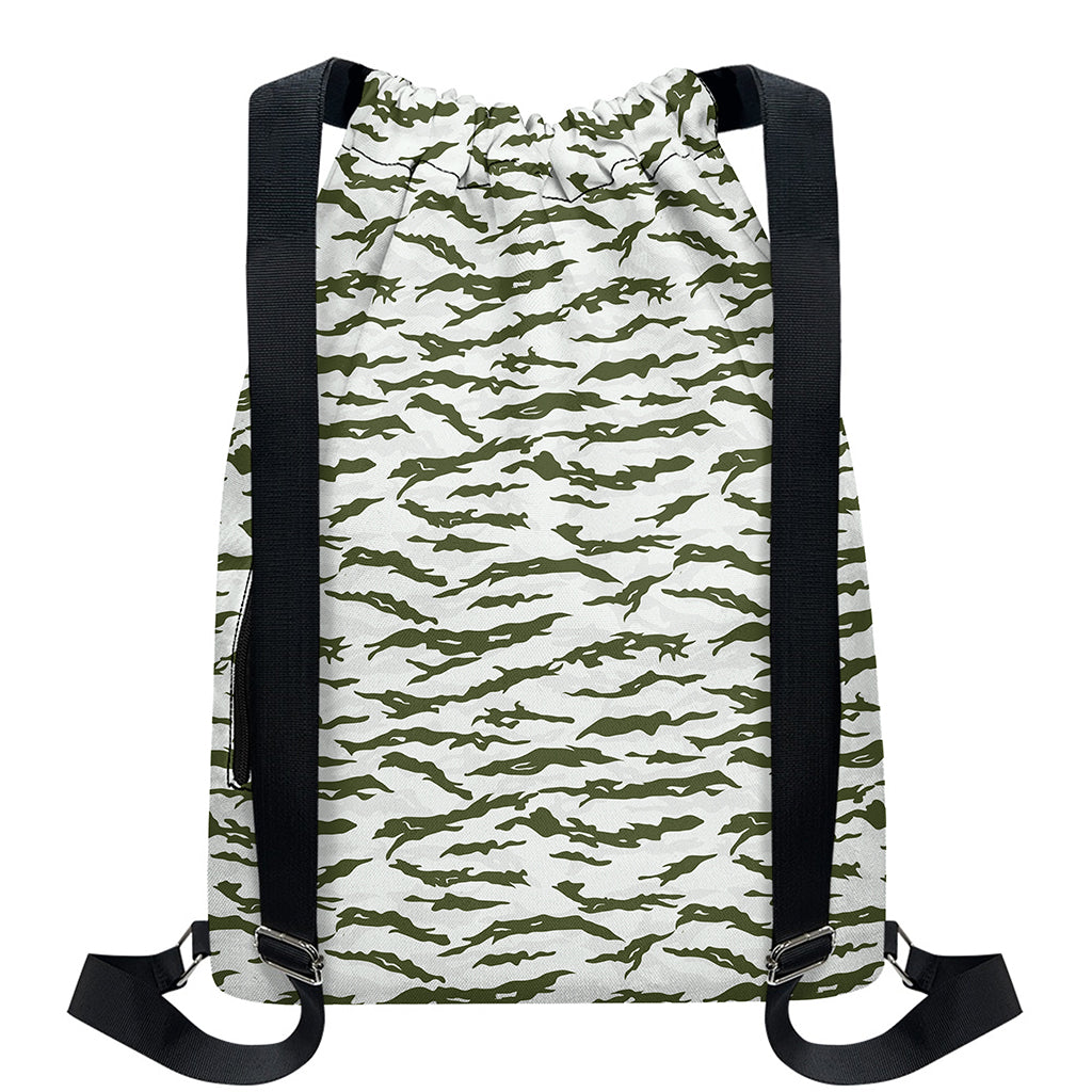 Green And White Tiger Stripe Camo Print Drawstring Backpack