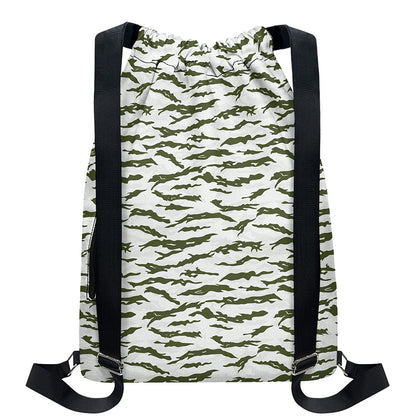 Green And White Tiger Stripe Camo Print Drawstring Backpack