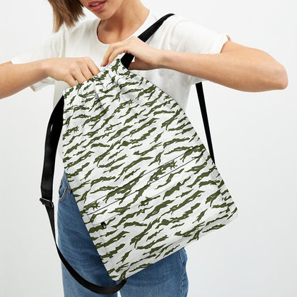 Green And White Tiger Stripe Camo Print Drawstring Backpack