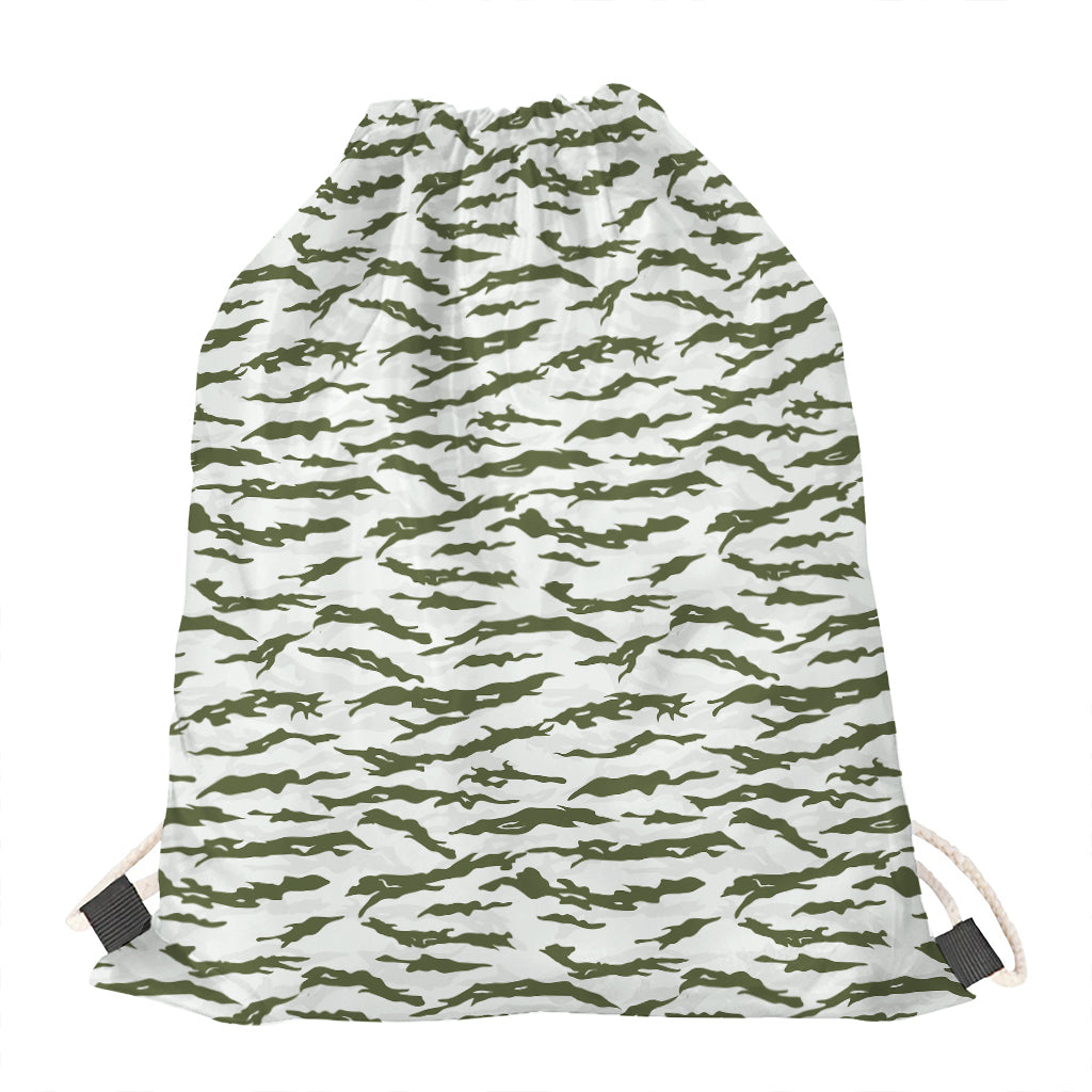 Green And White Tiger Stripe Camo Print Drawstring Bag