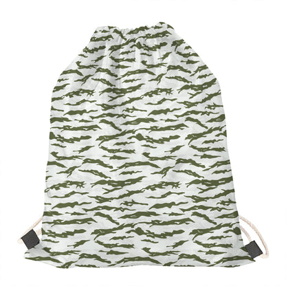 Green And White Tiger Stripe Camo Print Drawstring Bag