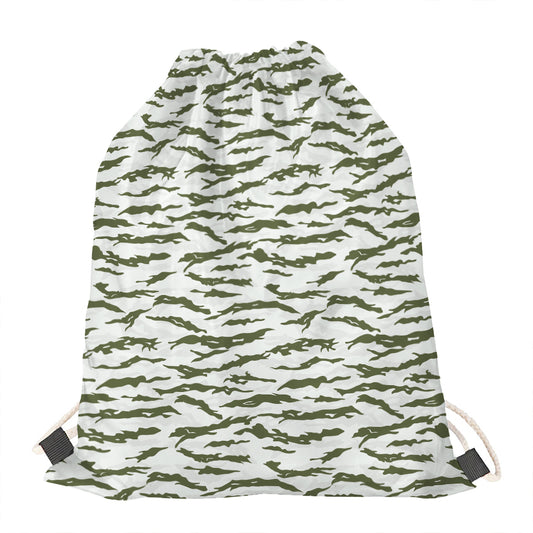 Green And White Tiger Stripe Camo Print Drawstring Bag
