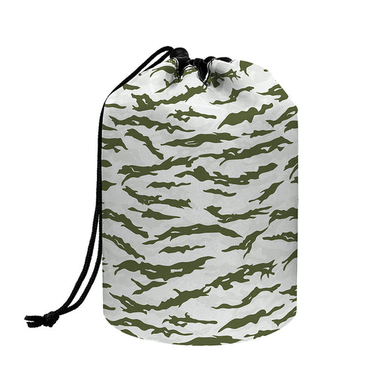Green And White Tiger Stripe Camo Print Drawstring Makeup Bag