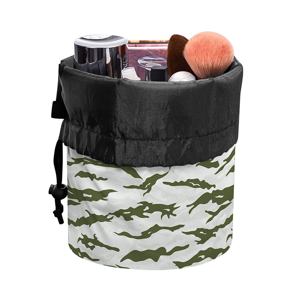 Green And White Tiger Stripe Camo Print Drawstring Makeup Bag