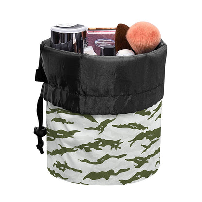 Green And White Tiger Stripe Camo Print Drawstring Makeup Bag