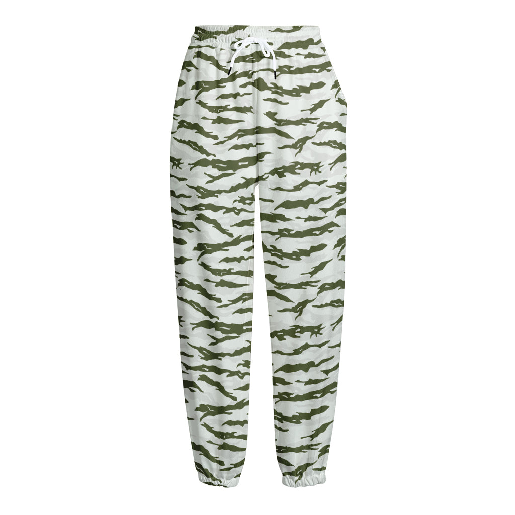 Green And White Tiger Stripe Camo Print Fleece Lined Knit Pants