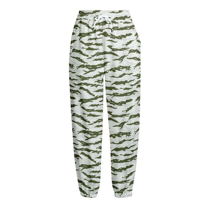 Green And White Tiger Stripe Camo Print Fleece Lined Knit Pants