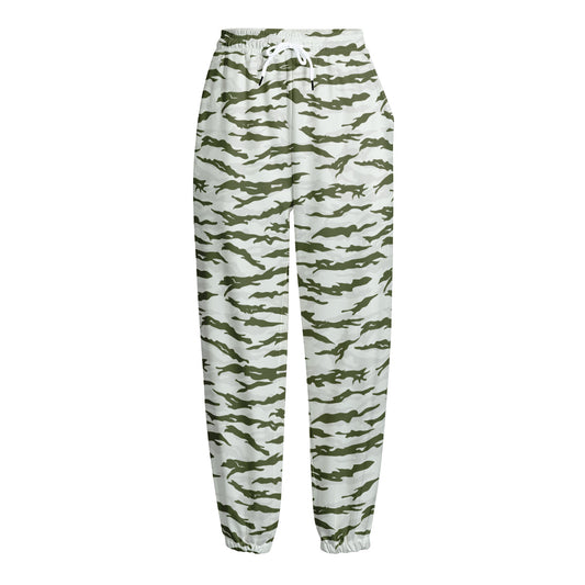 Green And White Tiger Stripe Camo Print Fleece Lined Knit Pants