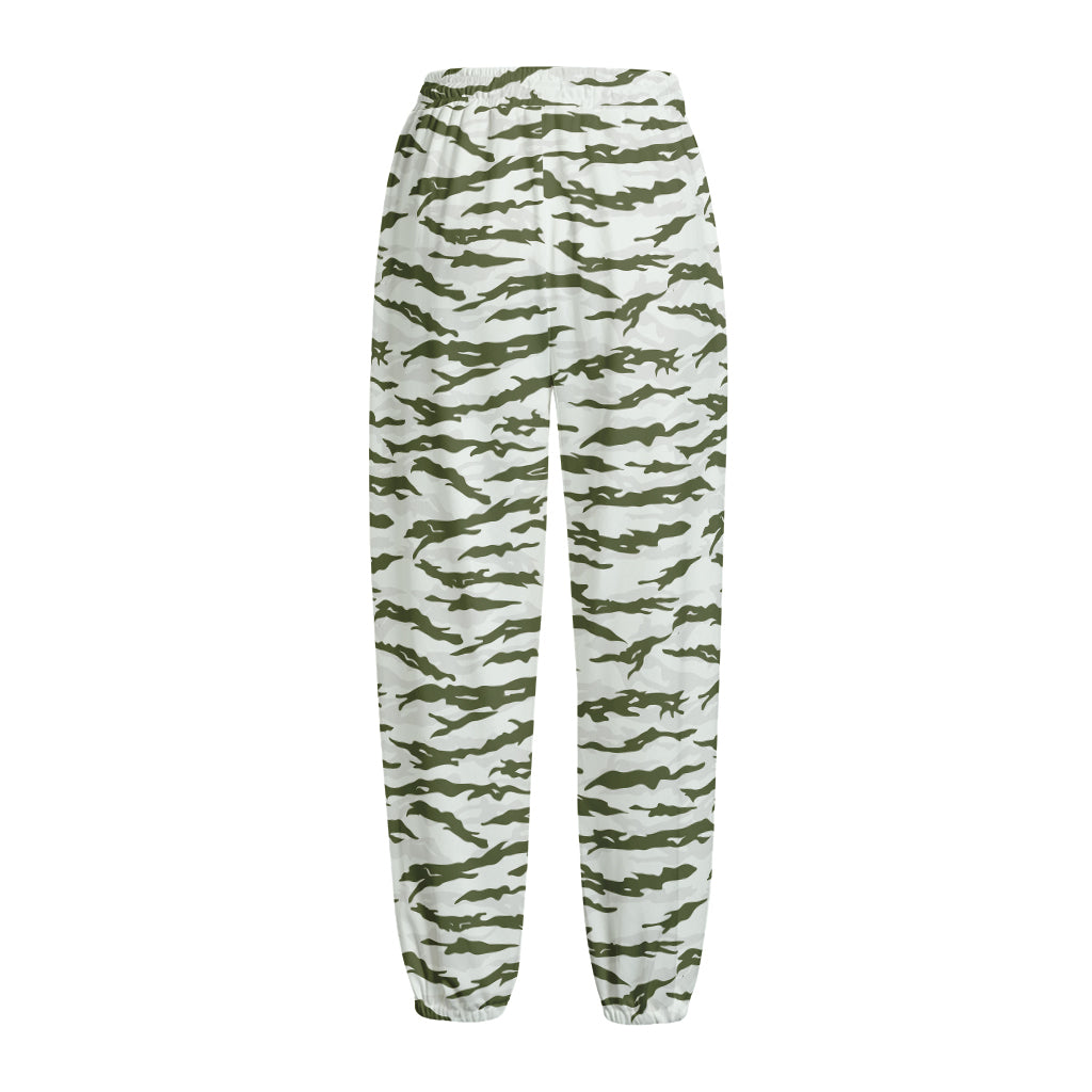 Green And White Tiger Stripe Camo Print Fleece Lined Knit Pants